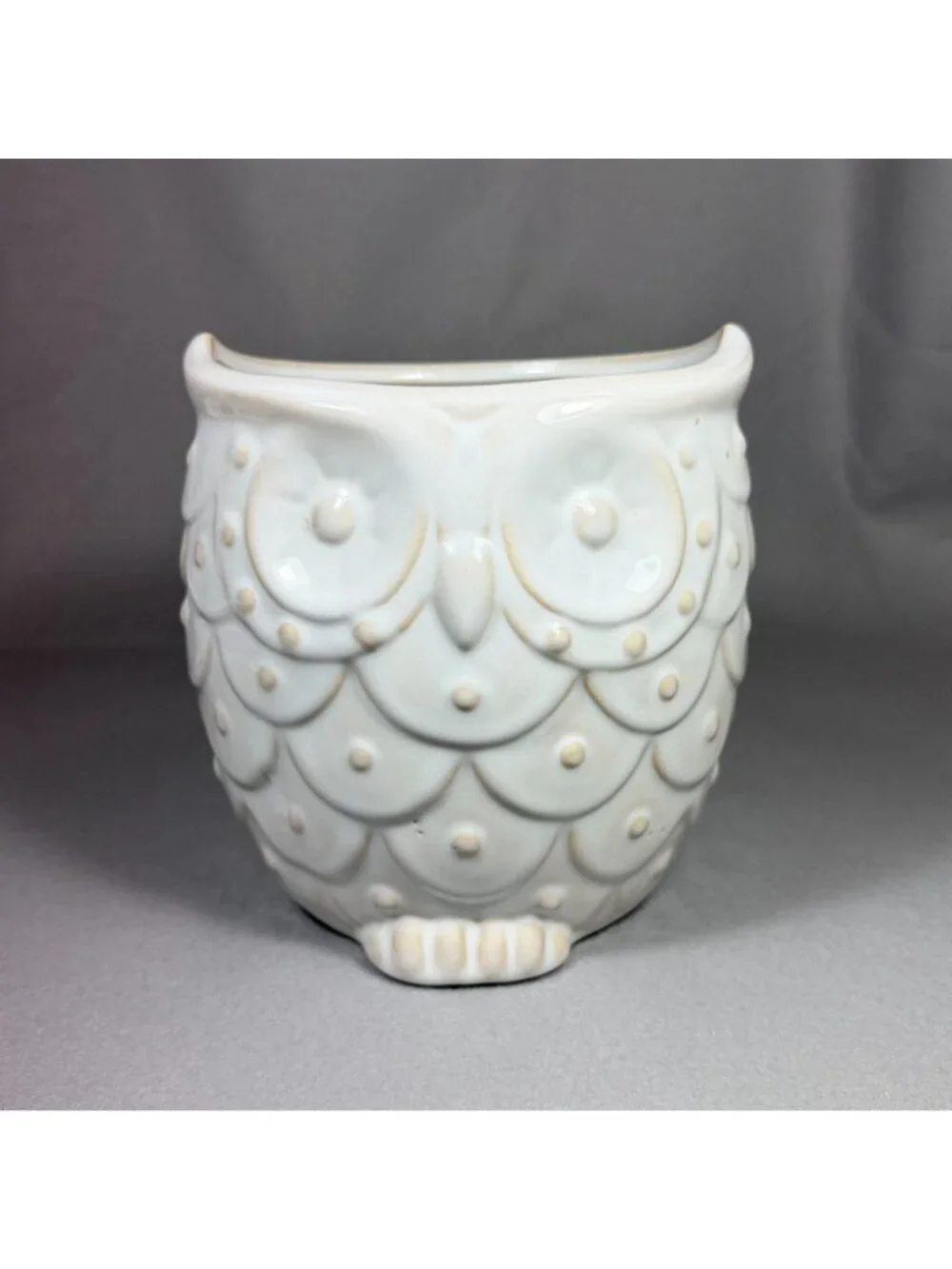 White Ceramic Owl Utensil Holder Crock Embossed Boho Farmhouse Kitchen Decor